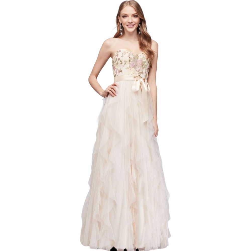 Nights by Teeze Me Strapless Embroidered Bodice, Mesh Maxi Formal Gown Size 21